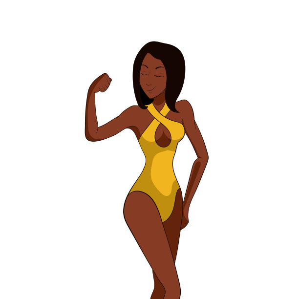 矢量插图非裔美国人迷人的女人在黄色泳衣显示她的肌肉孤立在白色背景，彩色。图片下载