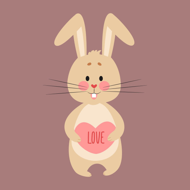 兔子抱着一颗粉红色的心。矢量插图在平面卡通风格图片下载