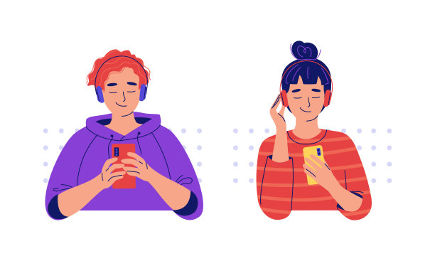 年轻人戴着耳机听手机里的音乐或播客图片下载