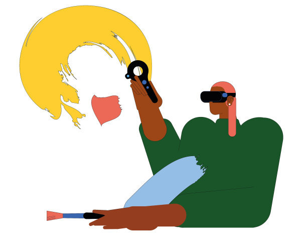 使用VR头戴式设备在虚拟现实中作画。现代艺术家在画模拟眼镜。图片下载