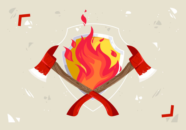 矢量插图的两个消防员与斧头的背景与火的图像盾牌图片下载