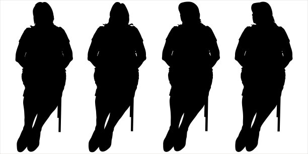 商务女士优雅地跷着腿坐在椅子上。四个女人坐在一排，一排。会议,商务午餐。前视图。黑人女性剪影孤立在白色背景上。图片下载