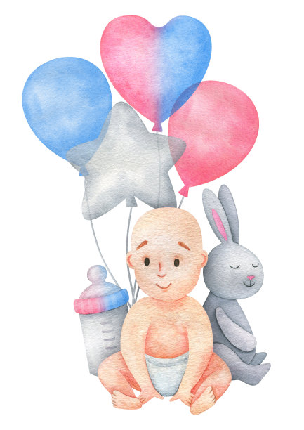 可爱的插图，一个中性的婴儿与粉红色的气球，一个玩具和一个瓶子。新生婴儿，水彩插画，卡通印刷，明信片，构图，海报，性别展示，宝宝派对，升华图片下载