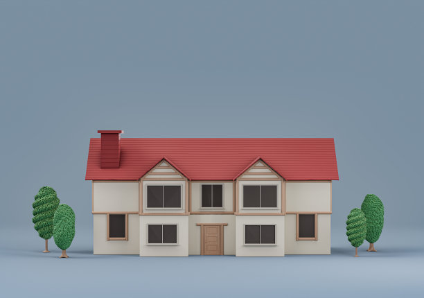 单房子与树木，微型房子模型白色和红色的颜色，房地产，3d渲染，高分辨率图片下载