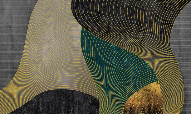 抽象的现代墙纸壁画艺术。金色、蓝色、灰色、黑色和带有金色线条的木制形状。三维演示图片下载