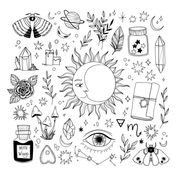 魔术手绘制的矢量插图水晶，星星，太阳，蛾子，眼睛，花，蘑菇。宇宙线图。太阳系和宇宙。时尚的空间标志，花卉图案，天体元素图片下载