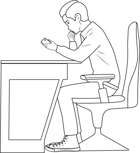 一个帅哥坐在桌子旁，手里拿着手机。电脑椅，白色背景。工作日，寻找解决方案。平坦的黑白矢量。图片下载
