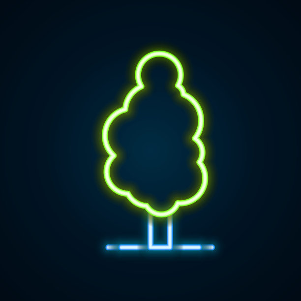 发光的霓虹灯线树图标孤立在黑色背景。森林的象征。色彩斑斓的轮廓的概念。向量图片下载