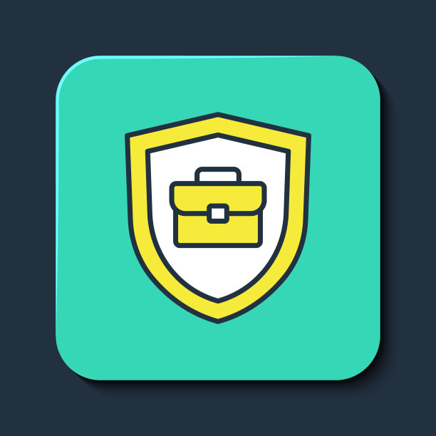 填充轮廓公文包与盾牌图标孤立在蓝色背景上。保险的概念。安全，安全，保护，保护理念。绿松石平方按钮。向量图片下载