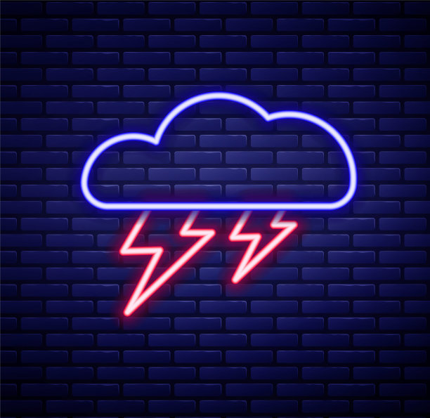 霓虹灯线风暴图标孤立在砖墙背景上。云和闪电的标志。风暴的天气标志。色彩斑斓的轮廓的概念。向量图片下载
