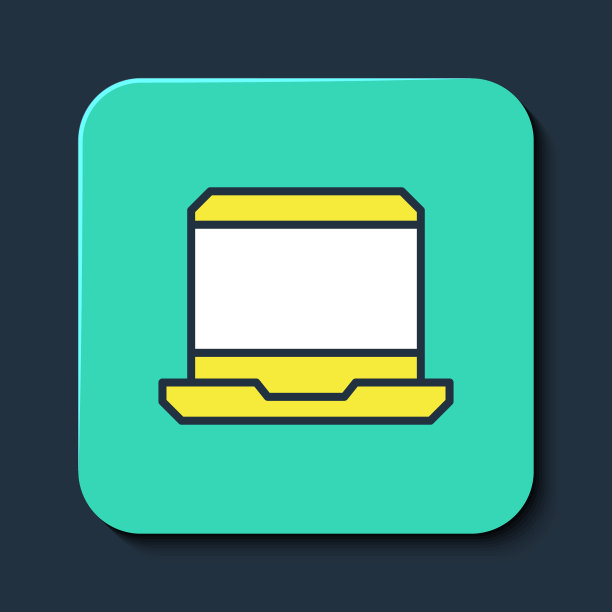 填充轮廓笔记本电脑图标孤立在蓝色背景。电脑笔记本与空屏幕标志。绿松石平方按钮。向量图片下载