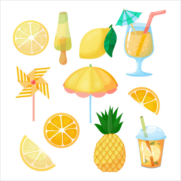 一套夏日美食。卡通风格的水果鸡尾酒或冰沙。外卖饮料。矢量插图孤立在白色背景上。图片下载