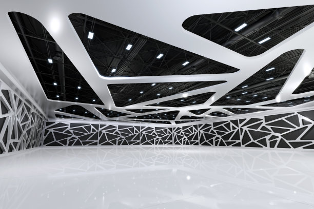 空大厅展览中心。背景为展台、展台、市场、贸易展。谈话活动,会议。舞台娱乐、事件、体育。室内的工厂,展厅。3d背景在线。3 d渲染。图片下载