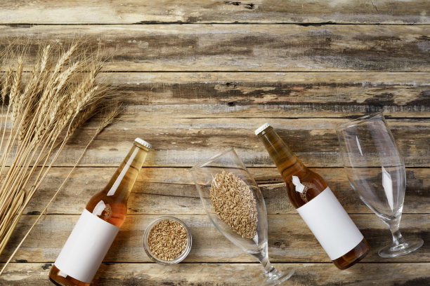 一瓶啤酒加谷物。前视图。文本的空闲空间。图片下载