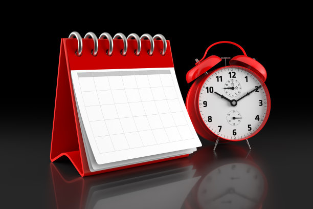 日历概念与经典办公时钟。3d渲染图片下载
