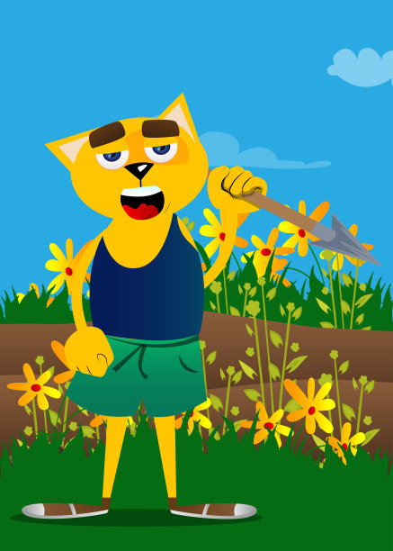 猫手里拿着矛。可爱的橘色、黄色毛发的小猫。图片下载