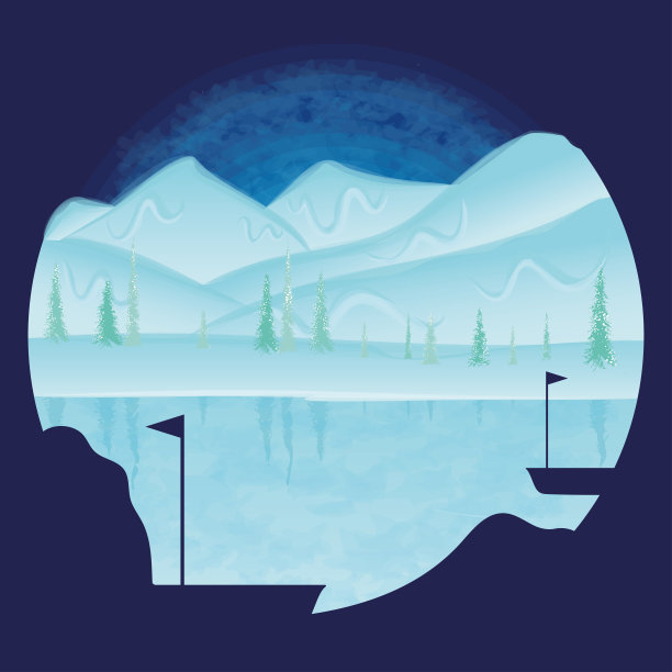 彩色的冬季景观与冰冻的湖和船矢量图片下载