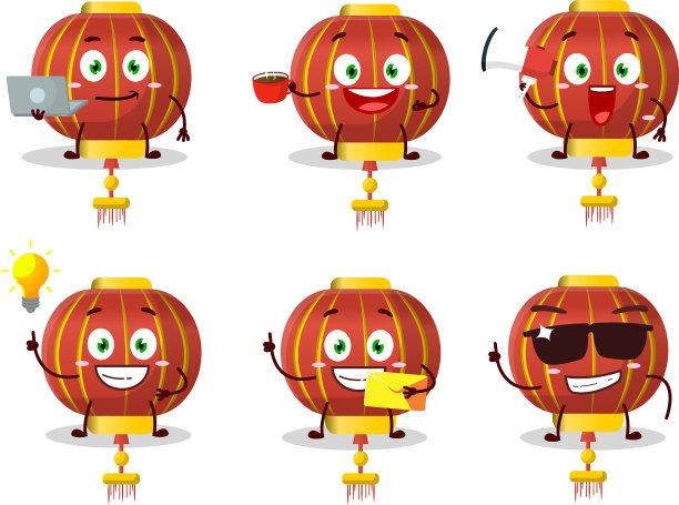 红色中国灯的卡通人物多种多样图片下载