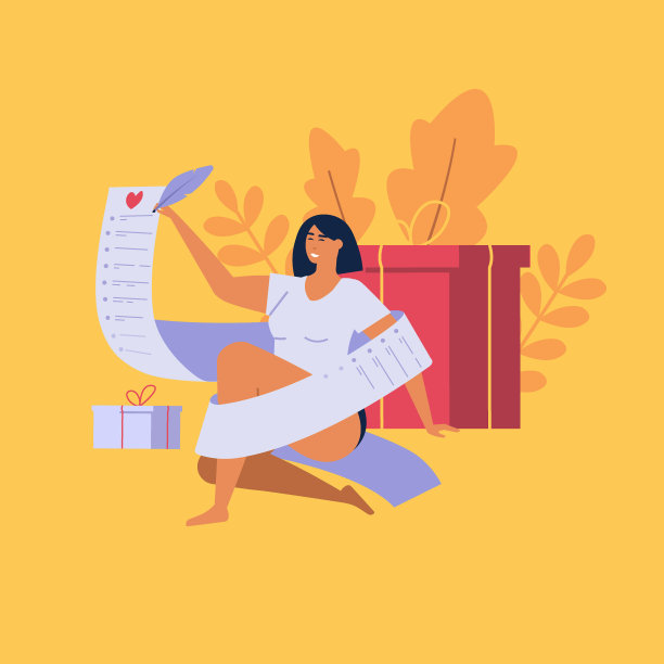 美丽的女人在写愿望清单。小女孩打算按愿望清单买礼物。愿望单的概念，梦想礼物，许愿。矢量插图在卡通设计图片下载