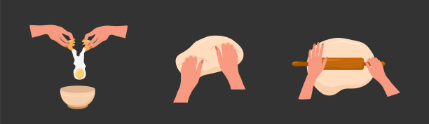 揉面。妇女在碗里搅拌材料，用擀面杖擀自制面团。前视图。呆在家里，根据食谱做健康的食物。矢量插图在平面卡通风格图片下载