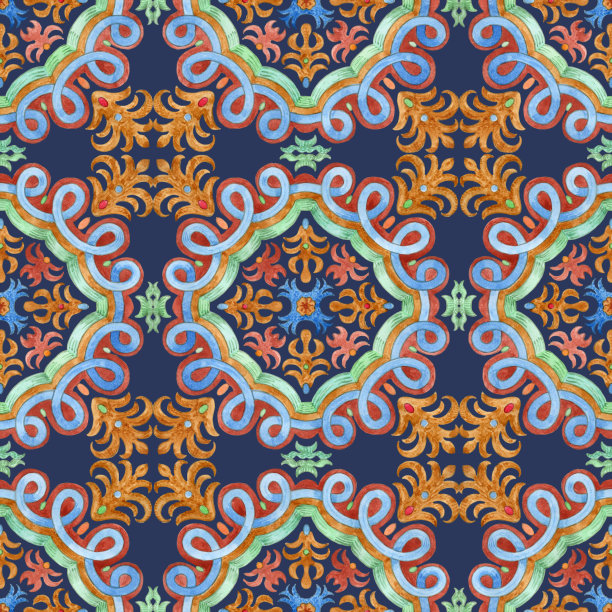 无缝水彩画马赛克瓷砖图案，几何和花卉装饰的地中海majolica陶瓷风格图片下载