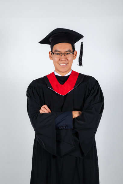 毕业生戴着眼镜，身穿长袍，戴着学士帽，双手交叉，背景白色图片下载