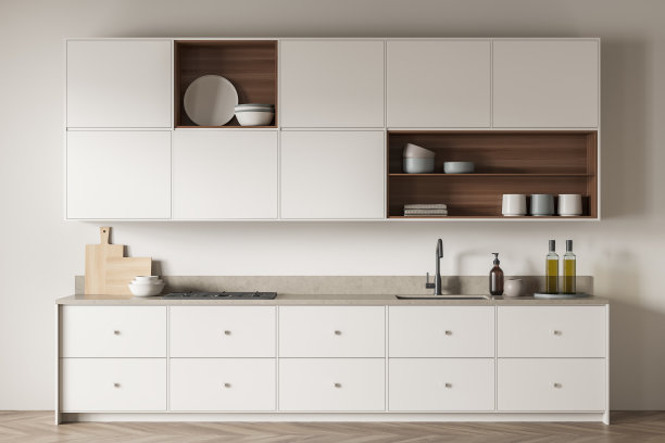 照明厨房设置内部与架子和水槽与炉子，厨房用具图片下载