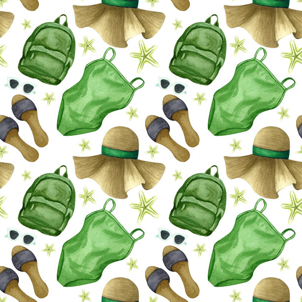 水彩旅行无缝图案。暑假的模式。冒险，热带旅行背景图片下载