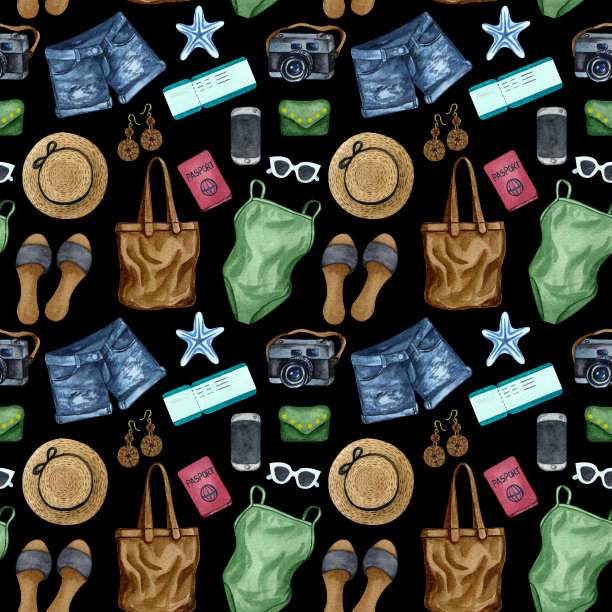 水彩旅行无缝图案。暑假的模式。冒险，热带旅行背景图片下载