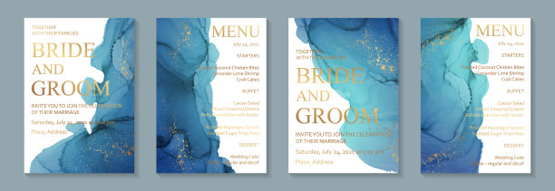 水彩背景与抽象蓝绿色墨波和金色飞溅。图片下载