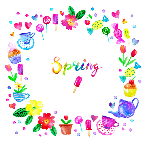 春天的背景有鲜花，爱心，茶壶，杯子，蛋糕，糖果，冰棒图片下载