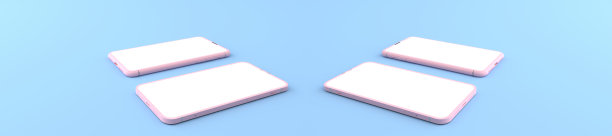 3D渲染模型粉红色的智能手机白色屏幕在蓝色的地板上，粉红色的手机躺在地上。智能手机的白色屏幕可用于商业广告，孤立于蓝色背景图片下载