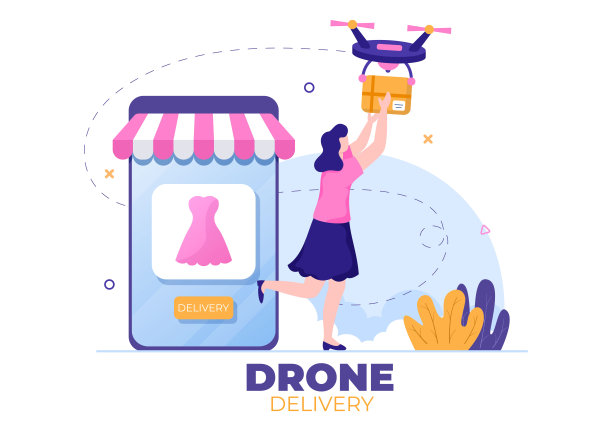 送货服务使用无人机背景矢量插图。员工分配箱使用现代技术装置运送包裹图片下载
