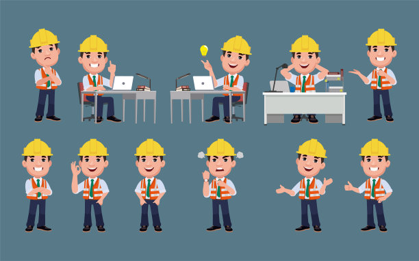 不同姿势的工程师。向量图片下载