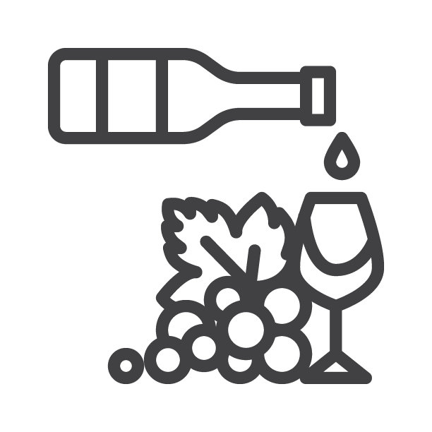 酒瓶上有玻璃和葡萄的线条图标图片下载