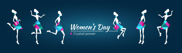 一套不同姿势的彩色女孩剪影。在蓝色背景上的水晶女性模板集。矢量插图的标志，妇女的一天，儿童时尚，装饰。图片下载