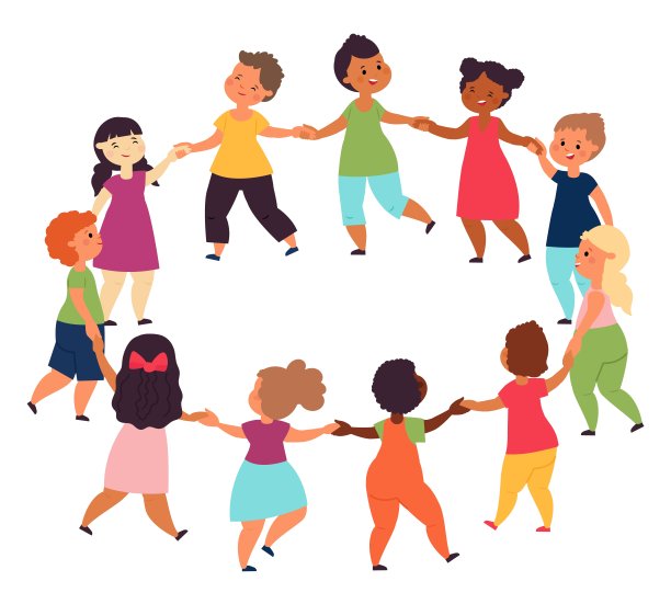 孩子们圆内。少年手牵着手玩，孩子们一起连接。沟通小人物，友谊和跳舞的圆舞，体面的矢量场景图片下载