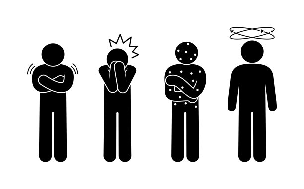 Stickman病了，疾病症状说明。皮疹、头晕、发冷和疼痛。矢量图标。图片下载