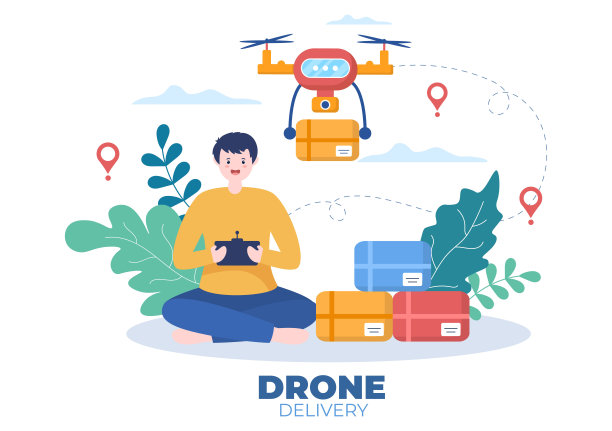 送货服务使用无人机背景矢量插图。员工分配箱使用现代技术装置运送包裹图片下载
