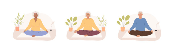 一组现代老年男女，盘腿闭眼在家冥想。老年妇女和老年男子练习瑜伽，冥想，腹部呼吸的精神练习。向量。图片下载