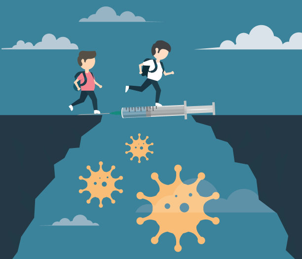 回到学校接受新常态生活理念。针对儿童的冠状病毒疫苗概念。可编辑的矢量。图片下载