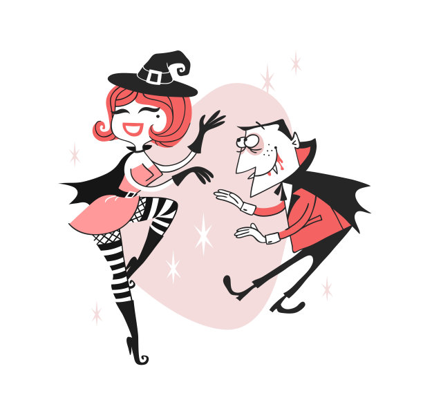 手绘复古插画万圣节角色。创意卡通艺术作品。实际矢量画假日女巫和德古拉。艺术孤立的复古人图片下载