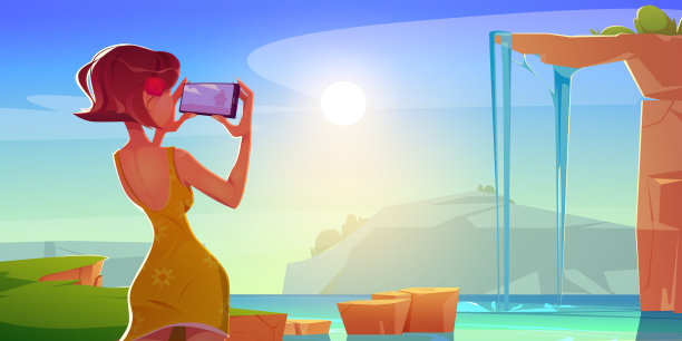 女孩用手机拍瀑布的照片图片下载