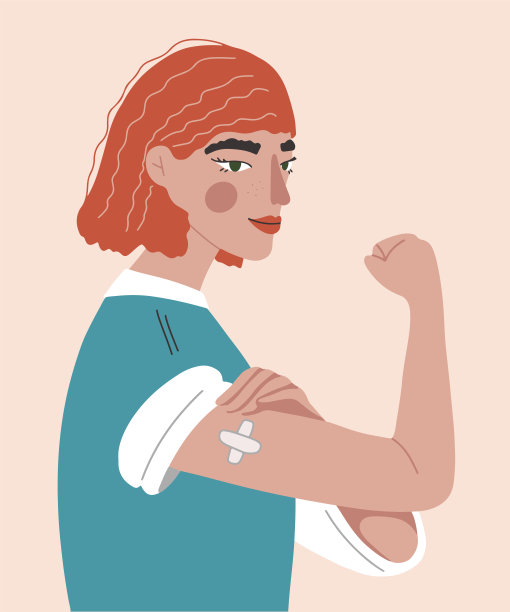 矢量插图。年轻女子的红色卷发显示接种疫苗的手臂与补丁。为普通人群分发疫苗。群体免疫概念，少数人接种。图片下载