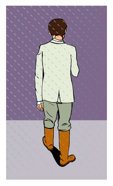 一个男人穿着紫色背景的水靴在雨中行走的后视镜。卡通风格的插图。图片下载