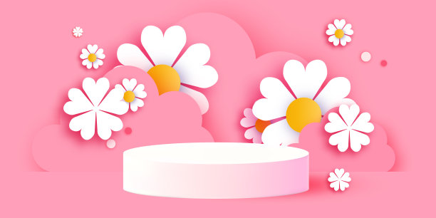 鲜花和云。妇女节或母亲节快乐。3D平台场景或底座上的粉红色最小设计剪纸工艺工作室展示产品模型设计。素材图片