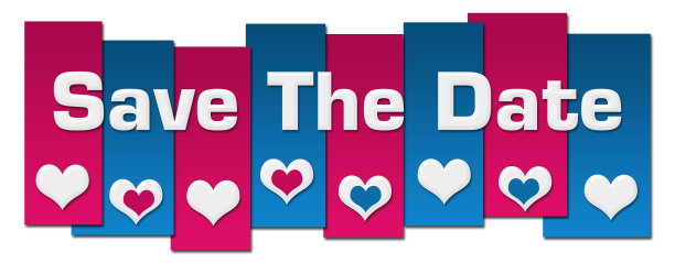 保存日期蓝色粉红线心水平图片下载