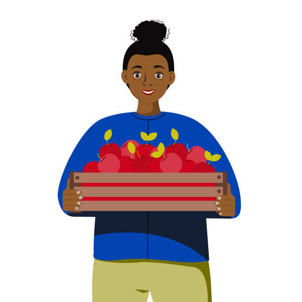 非裔美国妇女拿着一盒苹果。农民种植各种水果作物。农民和园丁从事农业工作或从事农业爱好。矢量动画。图片下载