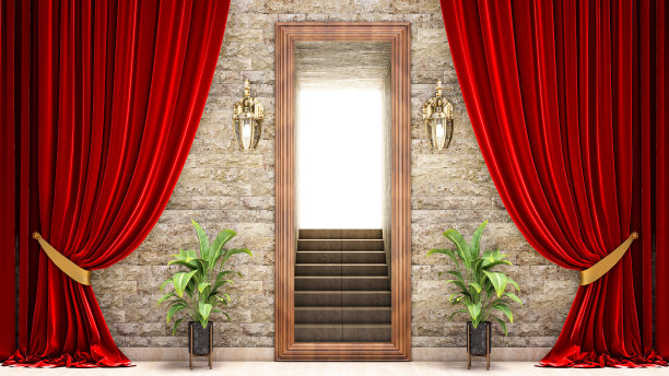 木门红色门帘混凝土楼梯，成功希望雄心和梦想理念。图片下载