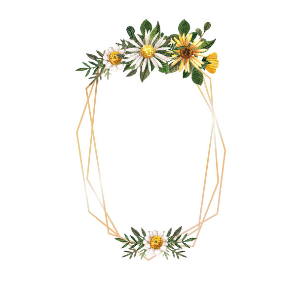 金色框架与水彩压制和干花在白色背景图片下载